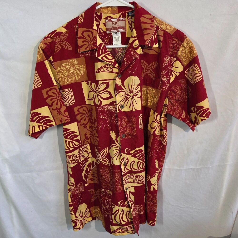 RJC Hawaiian Shirt Men's Medium Red Yellow Tropical Hibiscus Print Made in USA